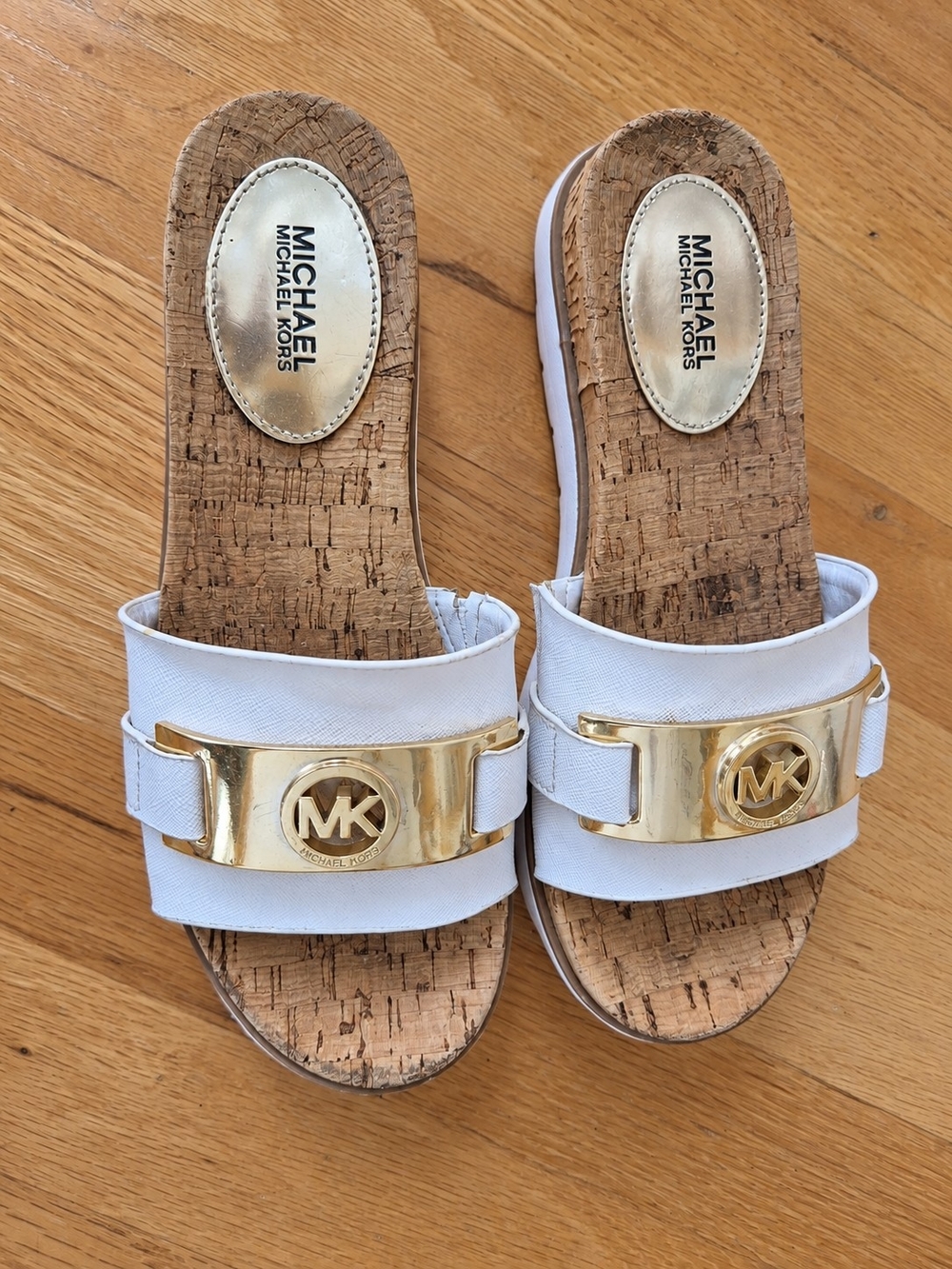 Michael Kors White and Gold MK Slide Sandals Size 6M